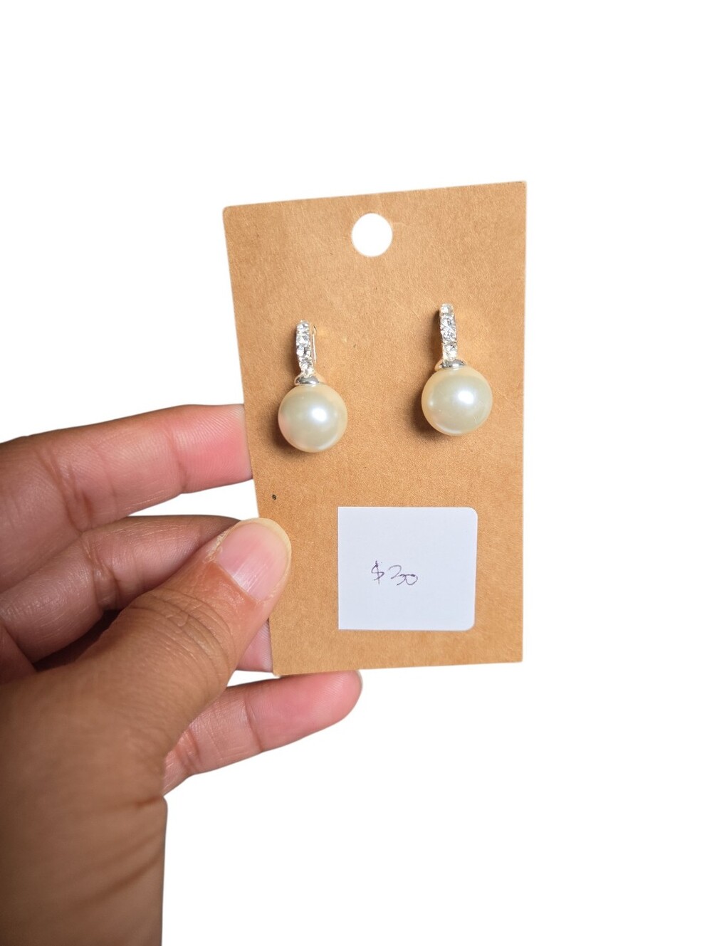 Vintage Silver Cream Classic Pearl Crystal Drop Post Earrings .75"